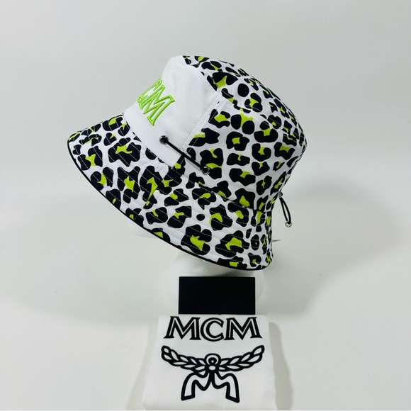 MCM Leopard Print Bucket Hat Multi Logo Embroidered Adjustable NWT - Picture 8 of 16